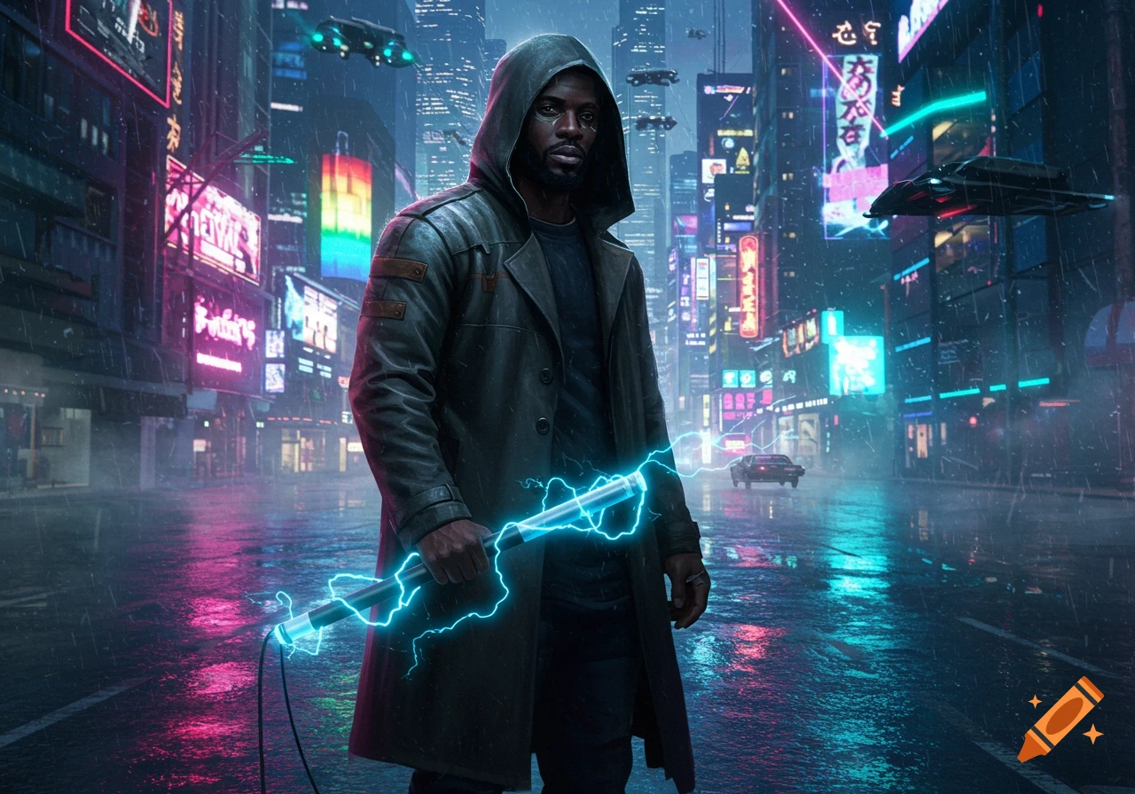 Black man in a hooded trench coat carrying a glowing stun baton, standing on a rainy street in a neon-lit cyberpunk city with flying vehicles.