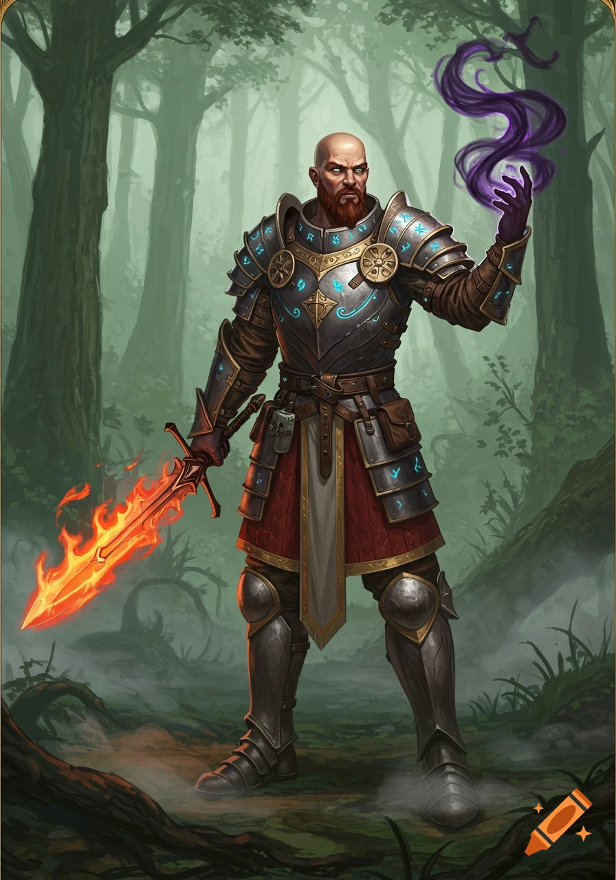 A bald, bearded mage knight in runic armor wields a flaming sword and dark magic in a misty fantasy forest, digital art.