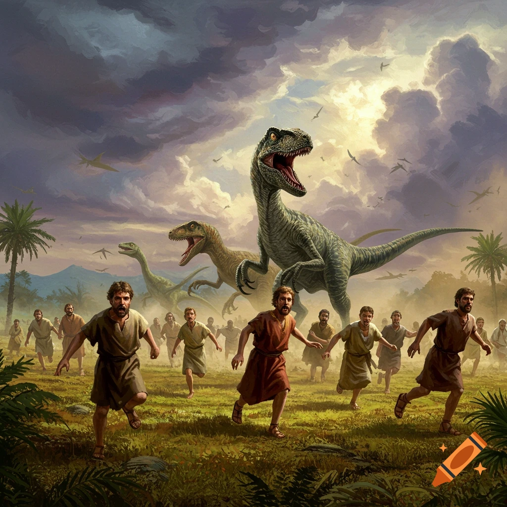Panicked men in robes flee across a grassy field from giant velociraptors under a dramatic cloudy sky with palm trees.