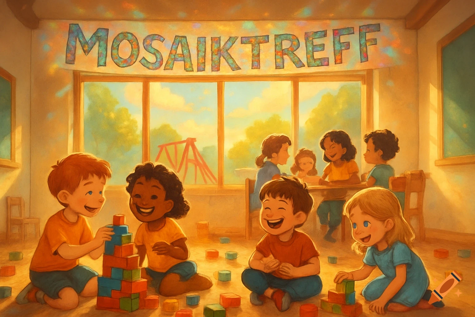 Vibrant illustration of children playing with blocks in a sunlit classroom, with a 'MOSAIKTREFF' banner and a playground visible outside the window.