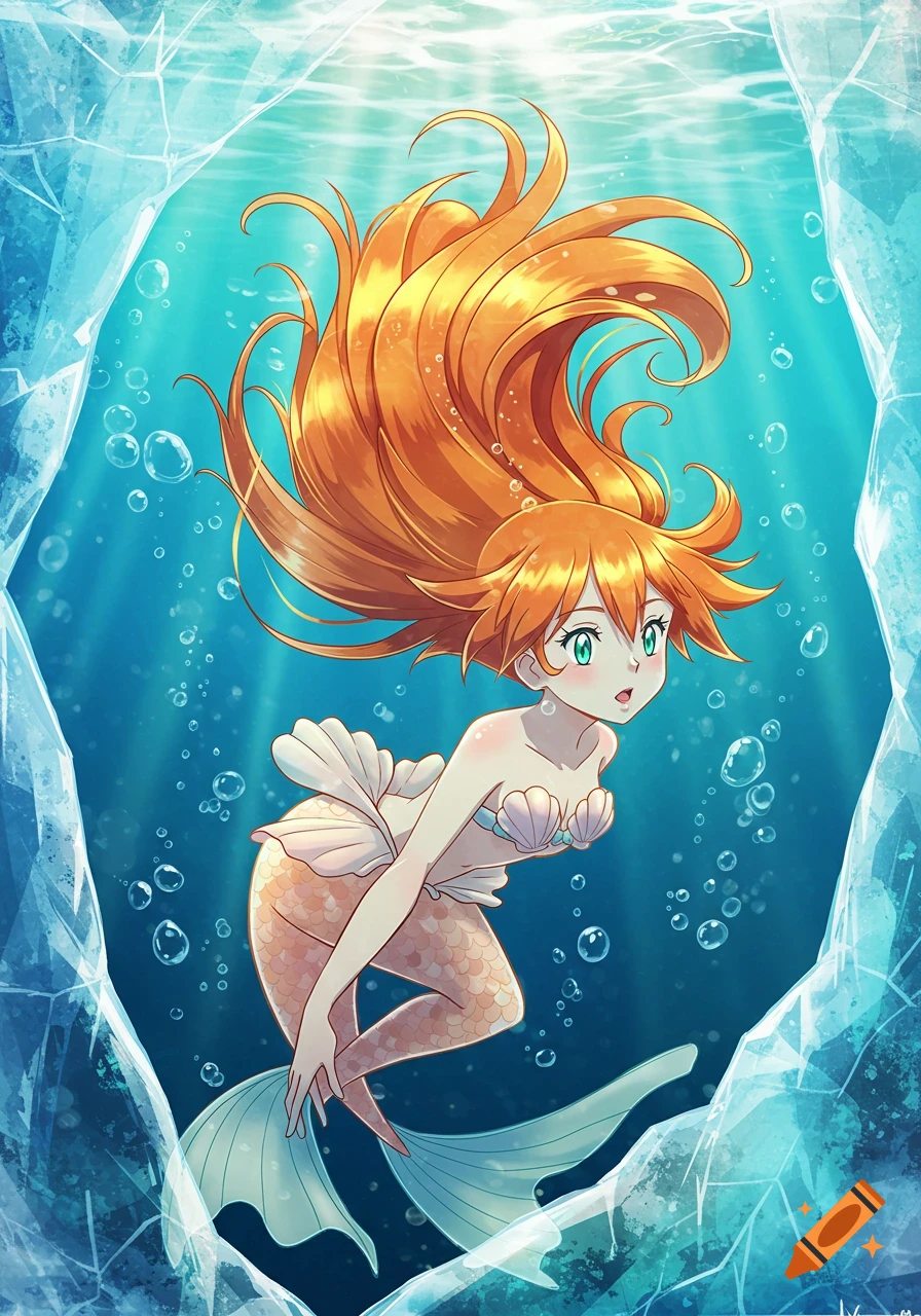 Anime illustration of Misty from Pok 00e9mon as a mermaid with flowing orange hair, swimming underwater with ice formations.