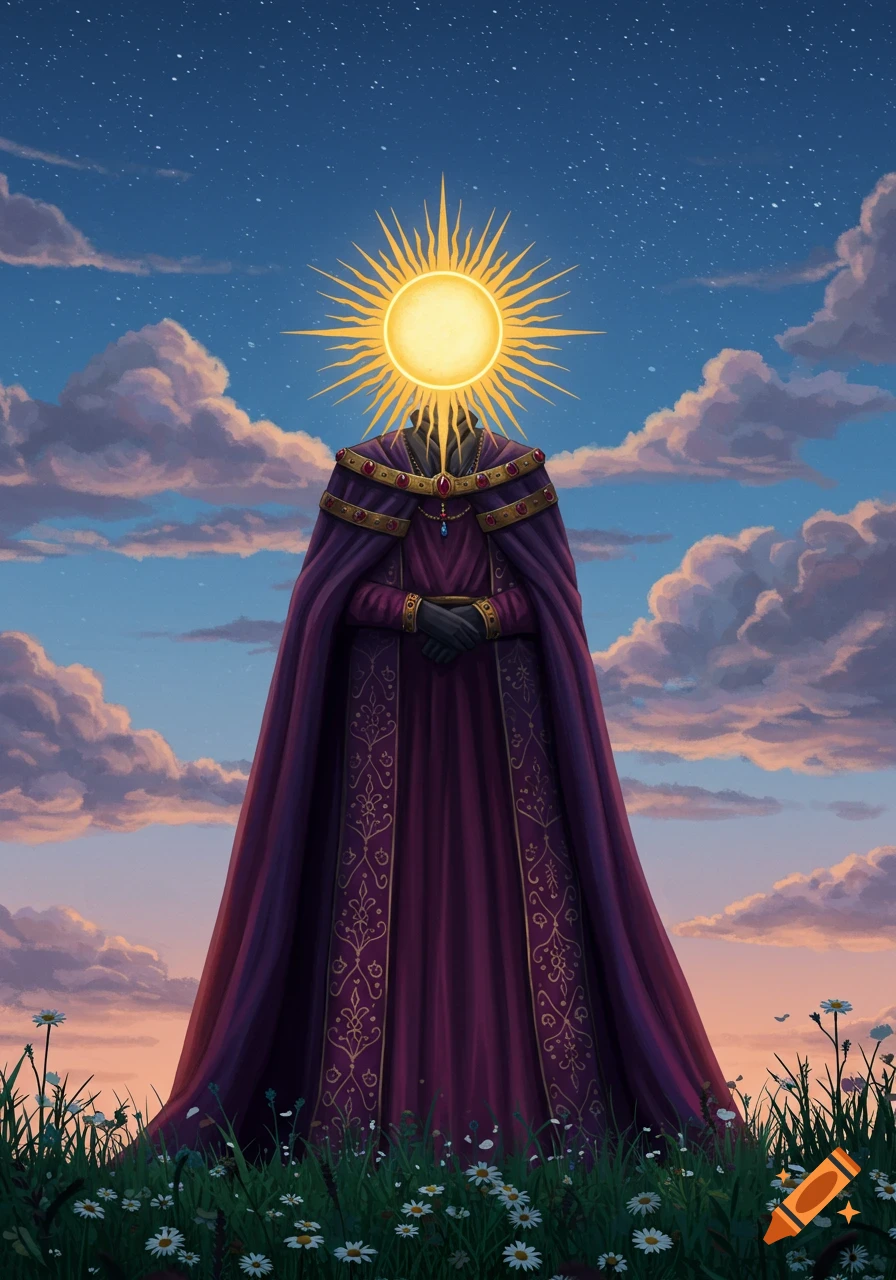 A regal figure with a glowing sun for a head wears a long purple cloak, standing in a field of daisies under a starry, cloudy sky, in an illustrative style.