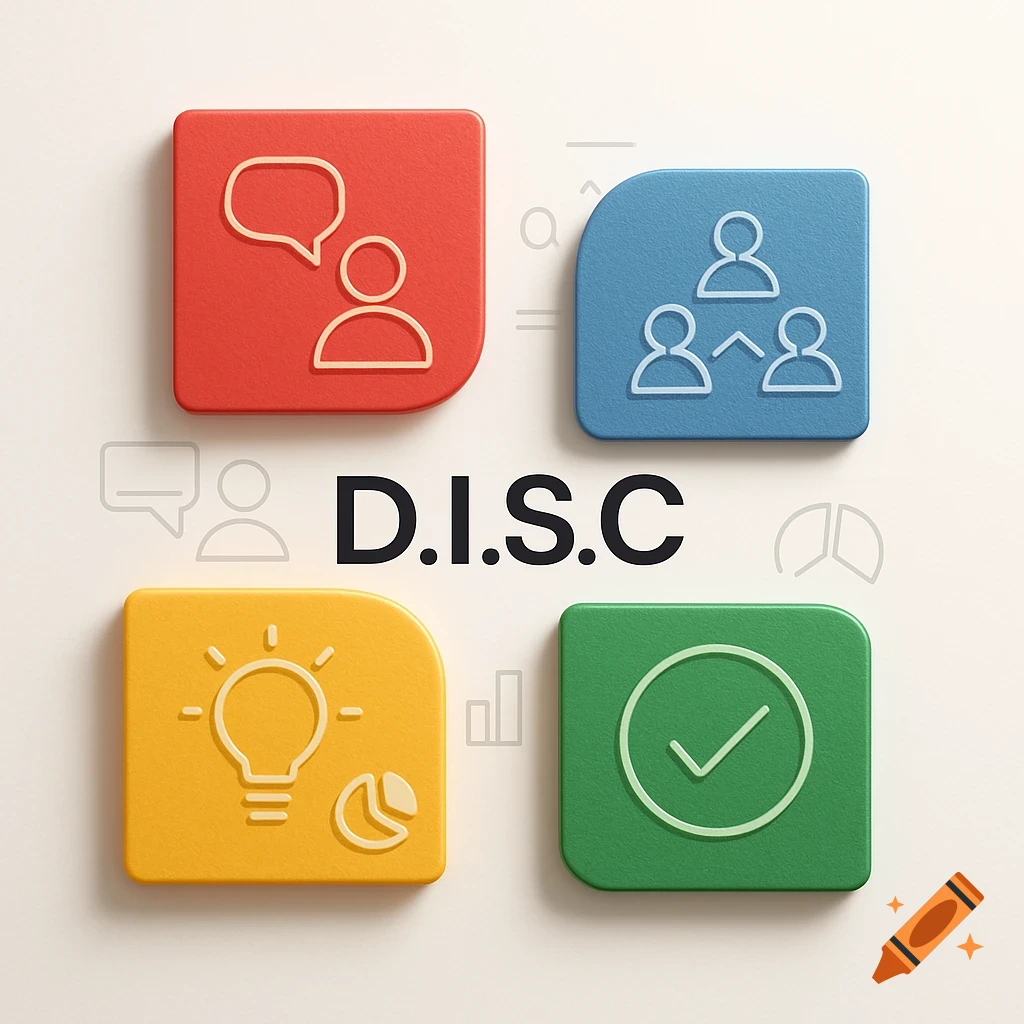 Four colorful rounded squares with icons representing the D.I.S.C. assessment, with the text D.I.S.C. in the center.