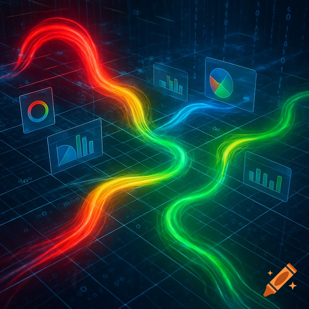 Vibrant, glowing red, orange, yellow, green, and blue data streams flow over a dark digital grid with floating charts and numbers.