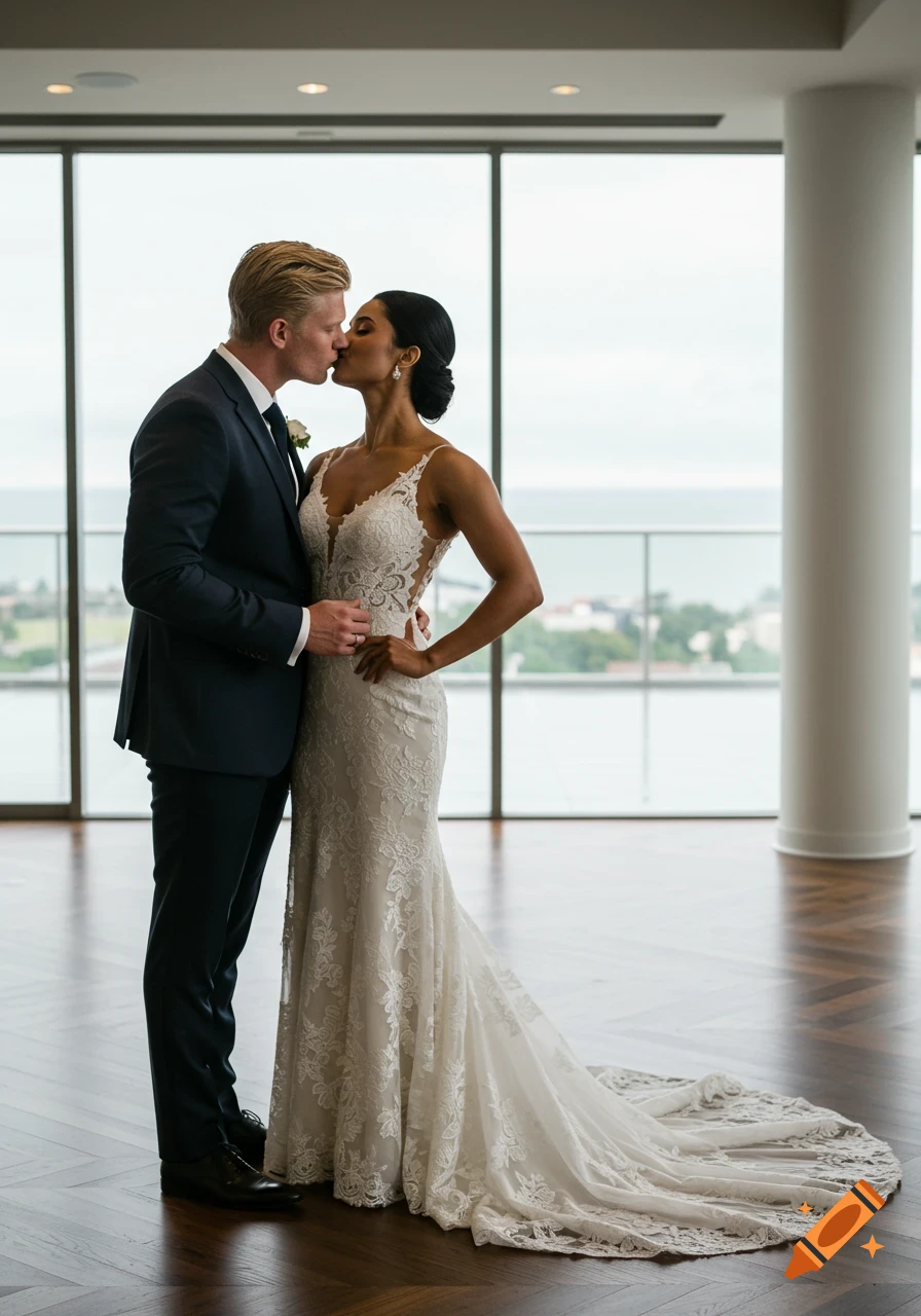 A newlywed couple shares a kiss in a modern wedding venue with large windows, looking photorealistic.