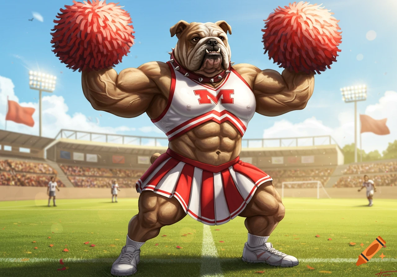 An insanely buff bulldog mascot in a red and white cheerleader outfit holds pom-poms on a sports field.