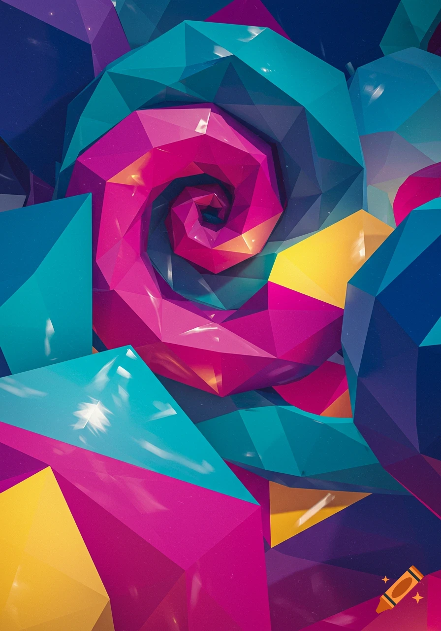 A vibrant, abstract background composed of faceted geometric shapes in shades of pink, blue, turquoise, and yellow, with a spiral element at the center.