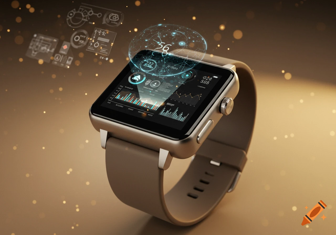 A close-up of a modern smartwatch with a sleek brown band displaying glowing blue holographic data and charts in a futuristic setting.