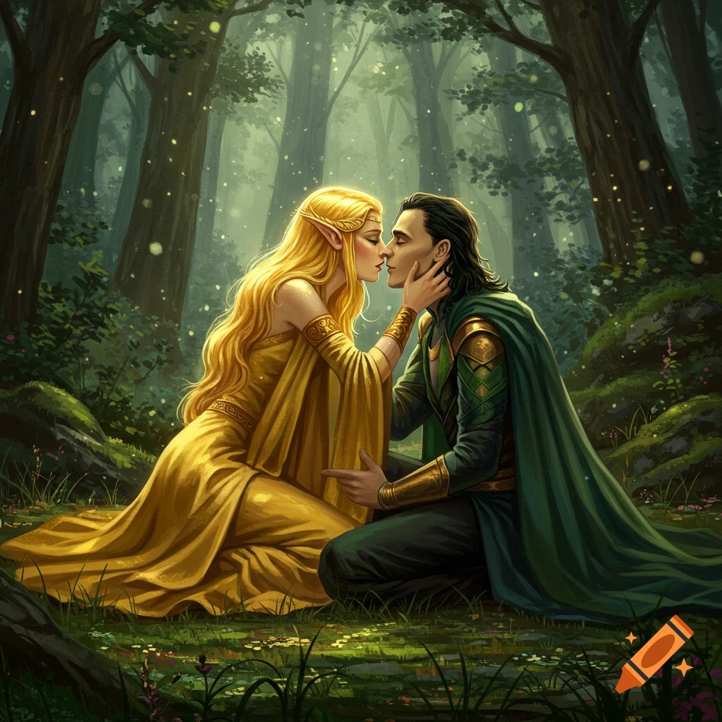 Blonde Freya and Loki in green robes lean in for a kiss in an enchanted forest, fantasy art.