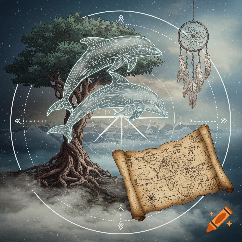 A stylized sigil with glowing blue outline dolphins, a large tree, a dreamcatcher, and an unfolded map, against a cloudy, starry background.