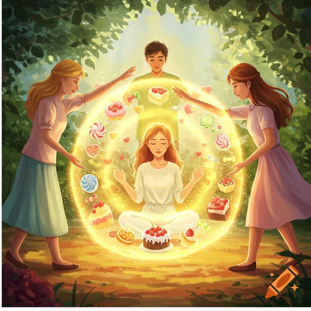 Illustration of a meditating woman in a glowing sphere, surrounded by sweets, with two women and a man reaching towards her in a forest.
