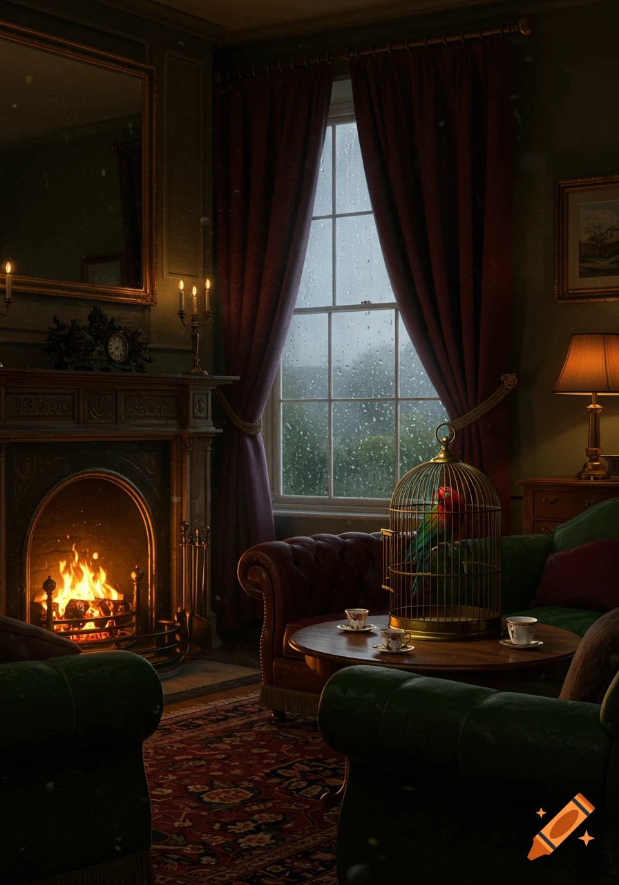 A cozy, photorealistic Victorian living room with a roaring fireplace, elegant furniture, a parrot in a cage, and rain outside the window.