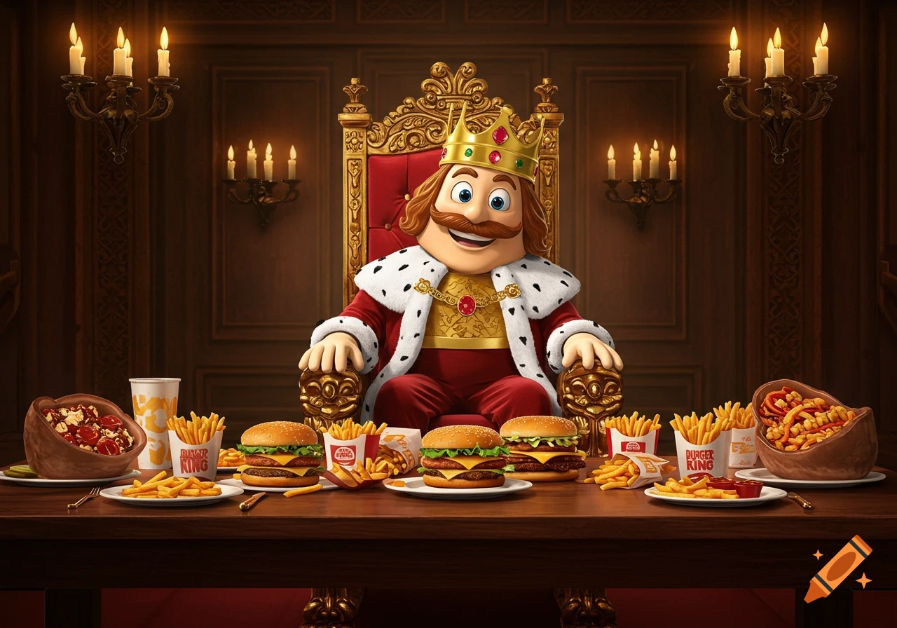 The Burger King mascot, "The King," sits on a golden throne in a regal room, surrounded by a feast of burgers and fries.