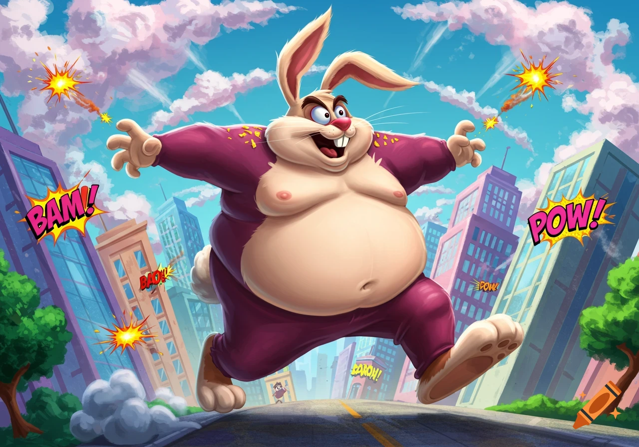 A colorful cartoon of an enormous, muscular rabbit, Big Chungus, rampaging through a city with comic book sound effects like "BAM!" and "POW!"
