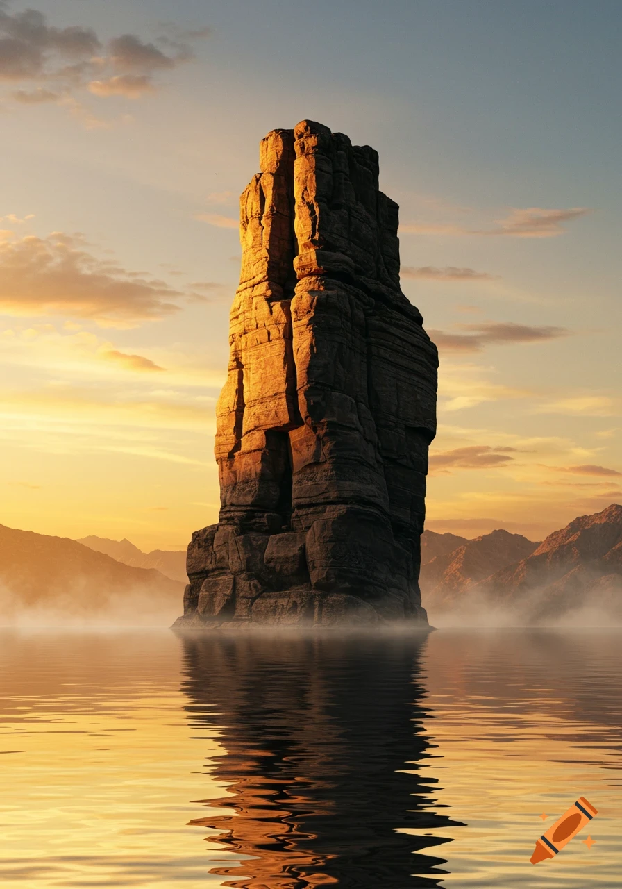 A tall rock formation stands in calm water at sunset, with golden light and misty mountains in the background.