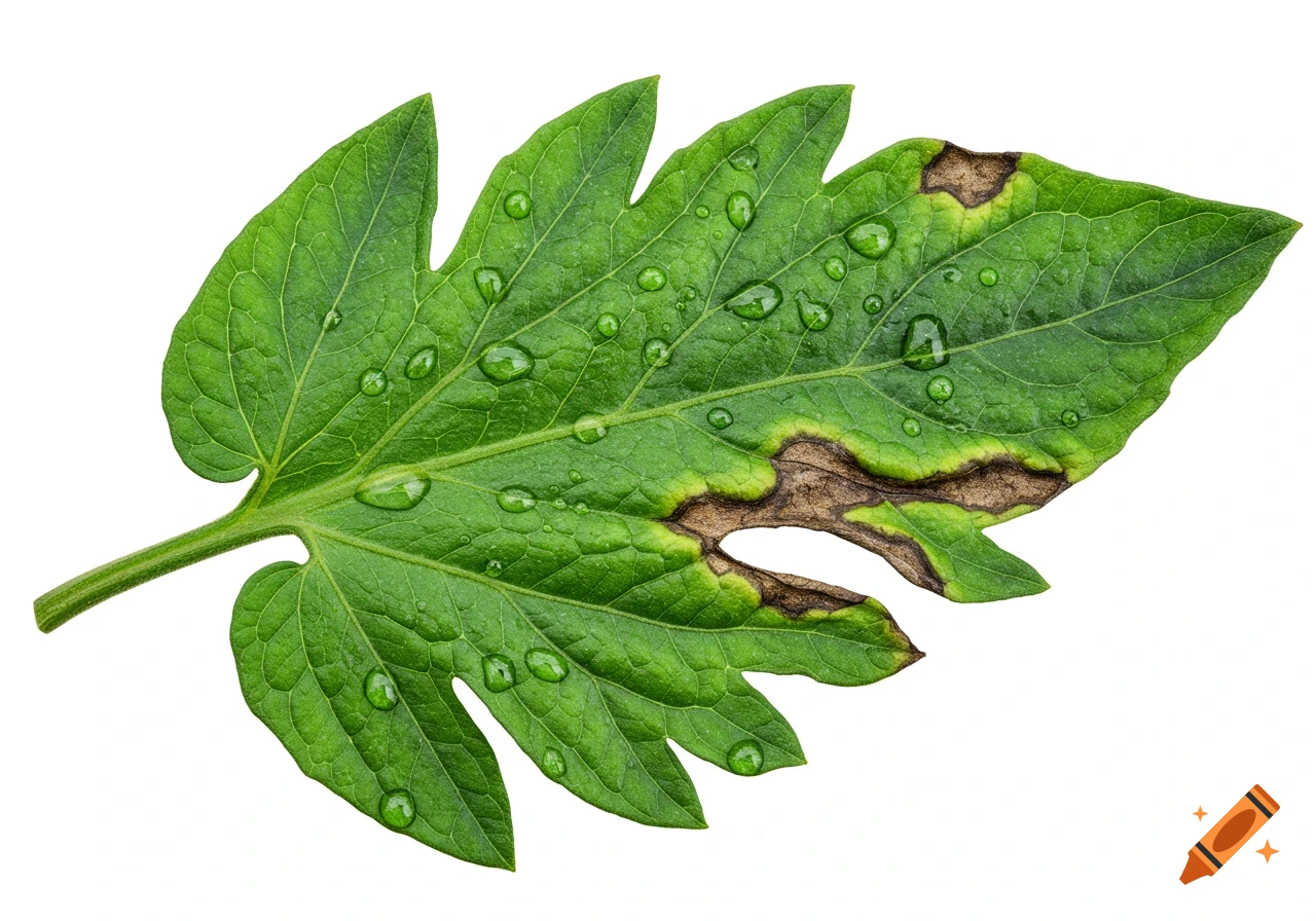 Photorealistic close-up of a green tomato leaf with water droplets and brown spots from downy mildew, on a white background.