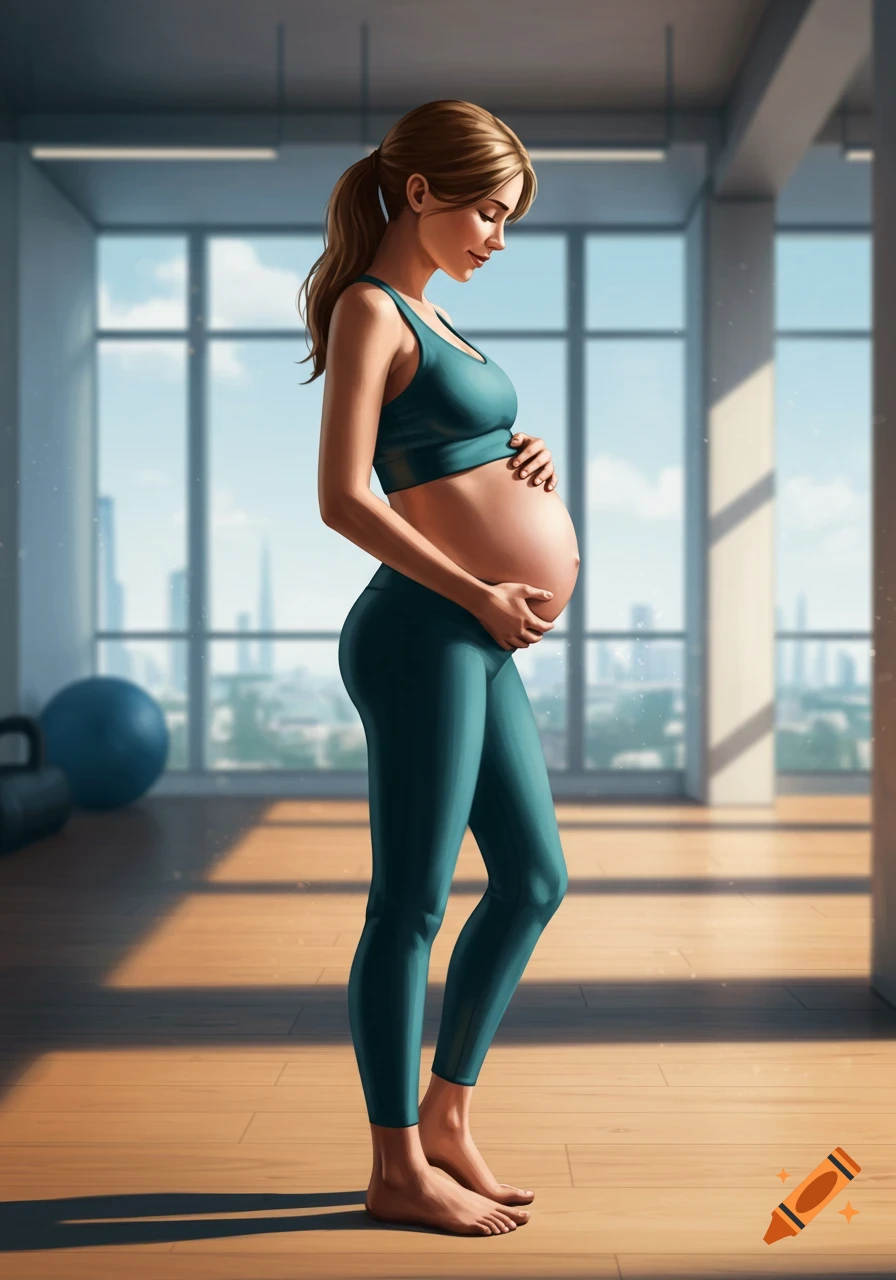 A pregnant woman in teal gym wear, standing sideways in a sunlit gym, holding her belly.