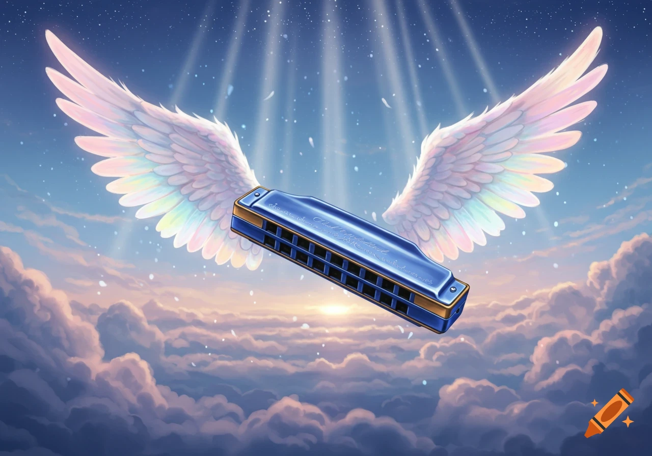 Blue harmonica with iridescent wings floats over fluffy clouds in a starry sky with sunbeams. Digital art.