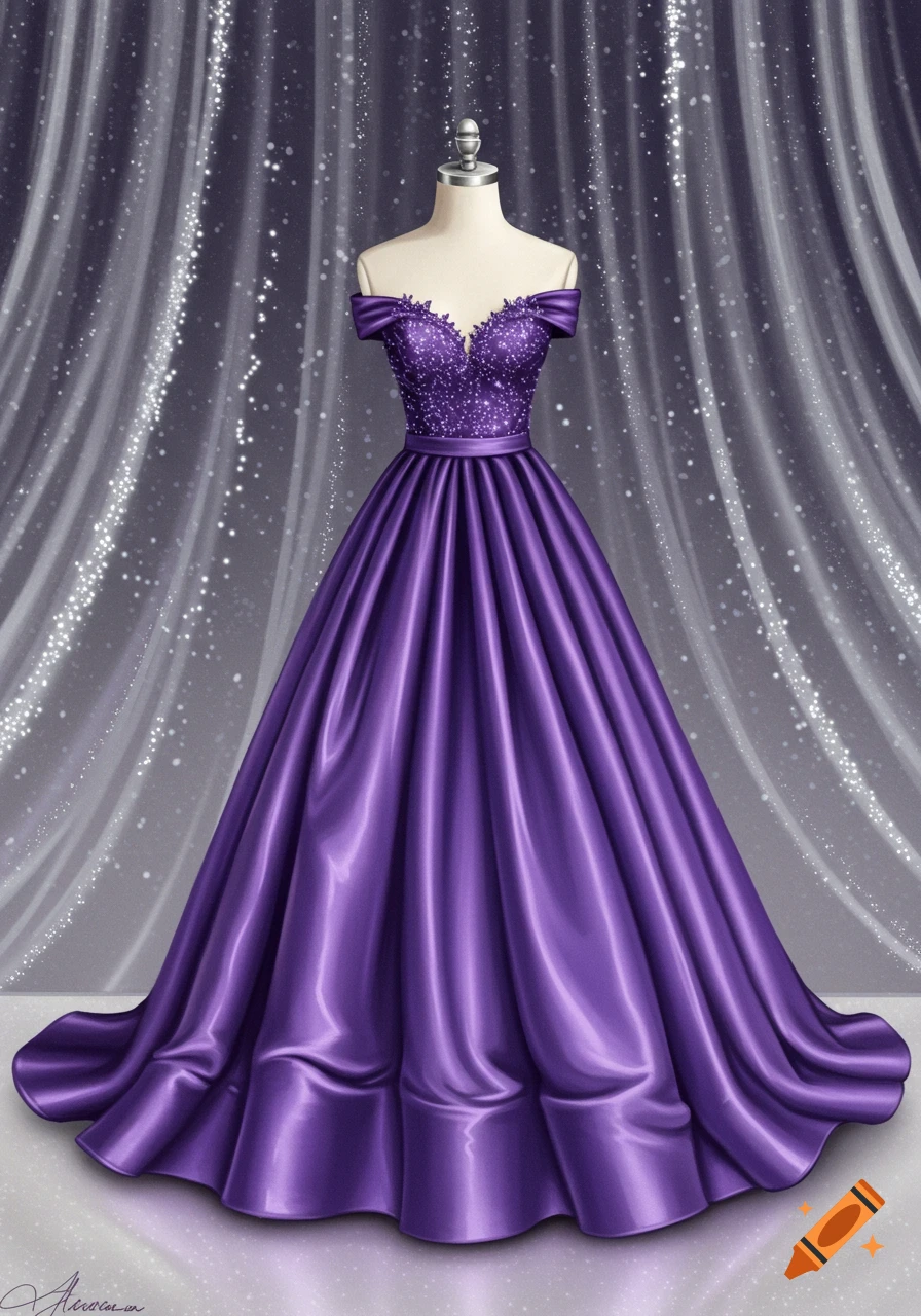 A stunning purple off-the-shoulder ball gown on a mannequin against a sparkling, dark gray curtain backdrop.