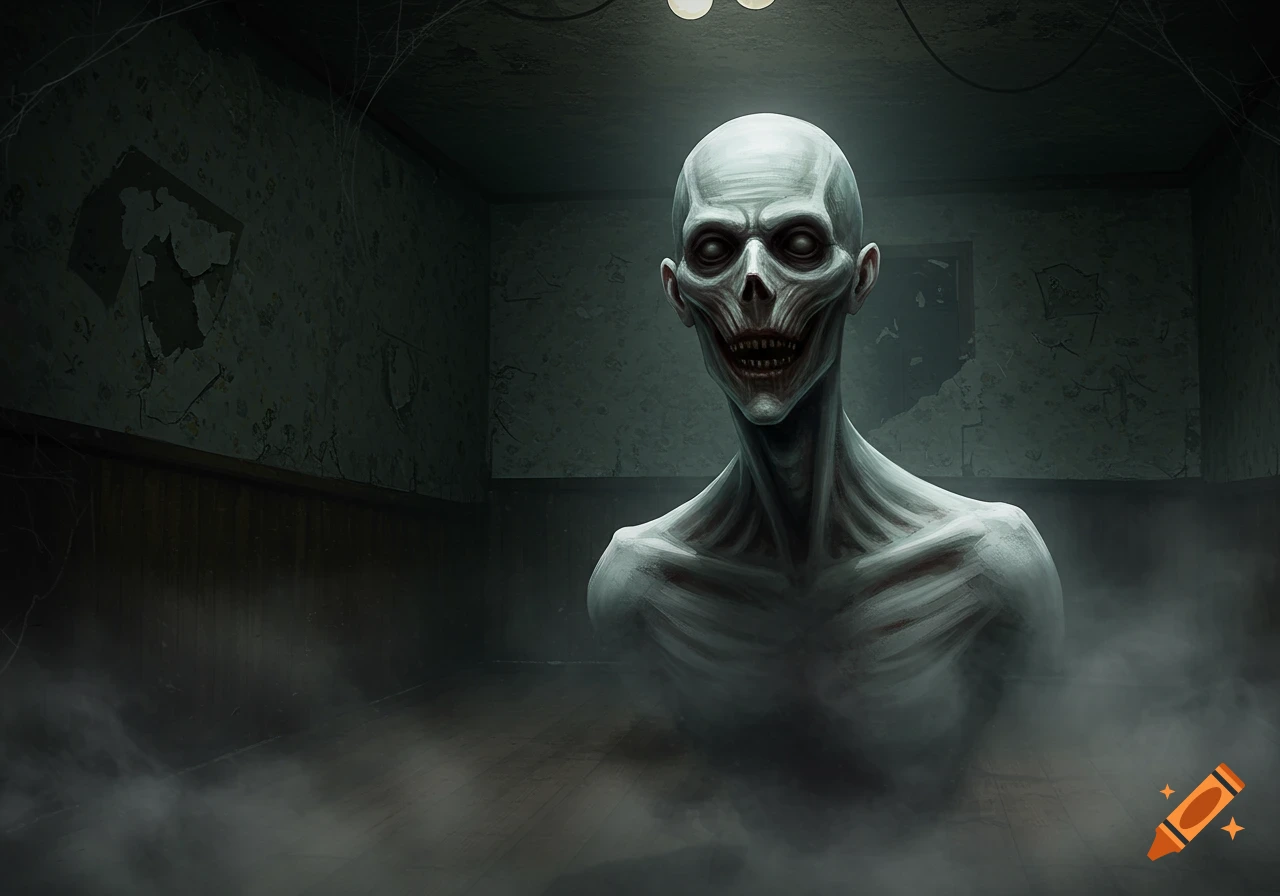 A pale, skeletal-like creature with a stretched jaw and sharp teeth emerges from mist in a shadowy, dilapidated room with cobwebs.