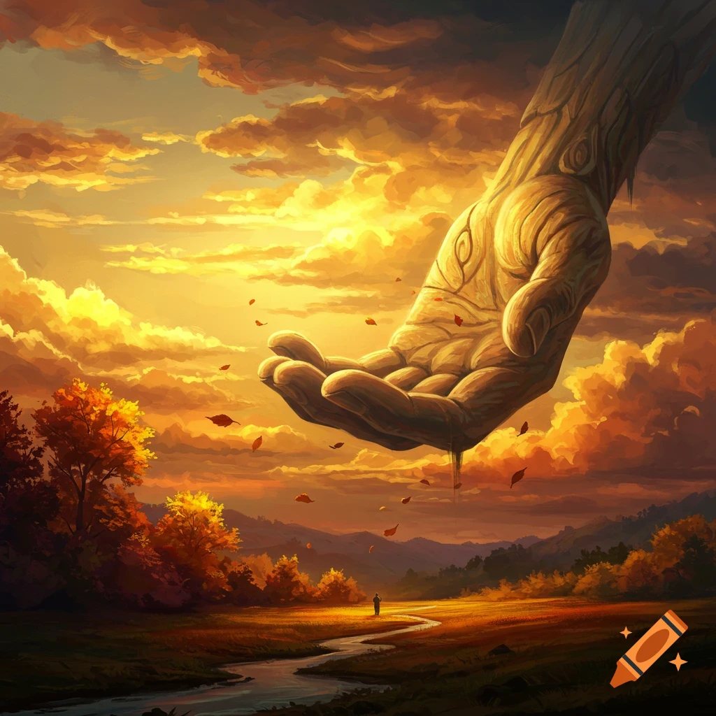 A giant, textured hand descends over a vibrant autumn landscape with a river, small figure, and golden, dramatic sunset sky. Digital painting.
