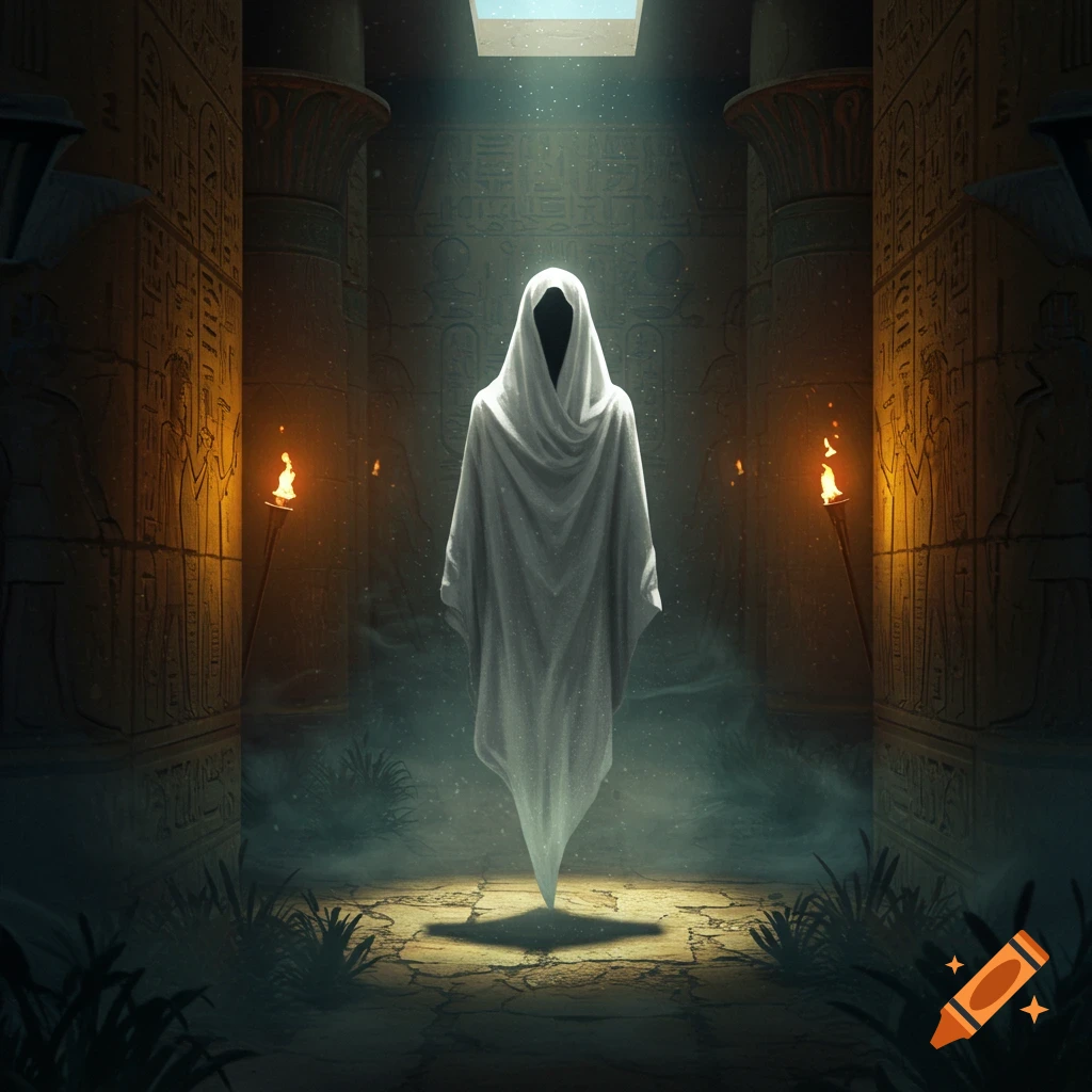 A cloaked, faceless white figure floats in an ancient Egyptian temple with hieroglyph-covered columns and torches, bathed in mystical light.