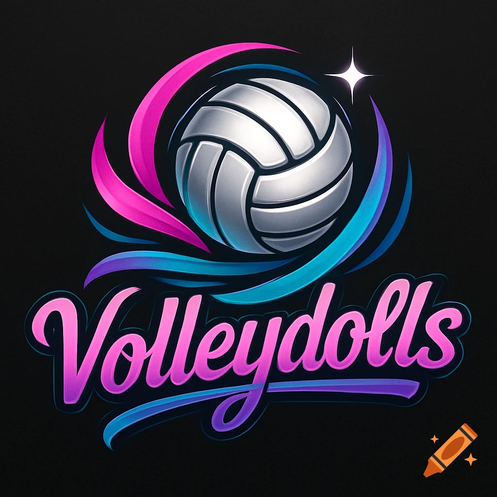 A vibrant logo for 'Volleydolls' featuring a silver volleyball surrounded by swirling pink and blue ribbons on a black background.