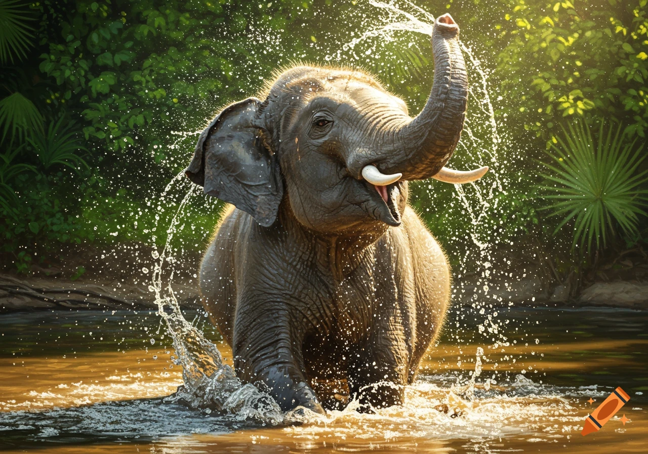 A photorealistic image of an elephant joyfully splashing water with its trunk in a jungle river, sunlight filtering through leaves.