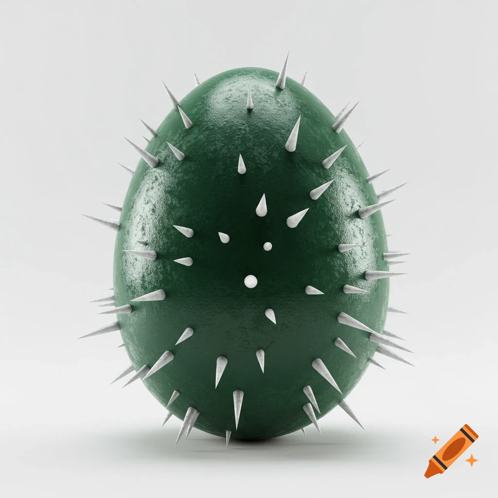 A dark green egg covered in sharp white spikes on a white background, 3D render.
