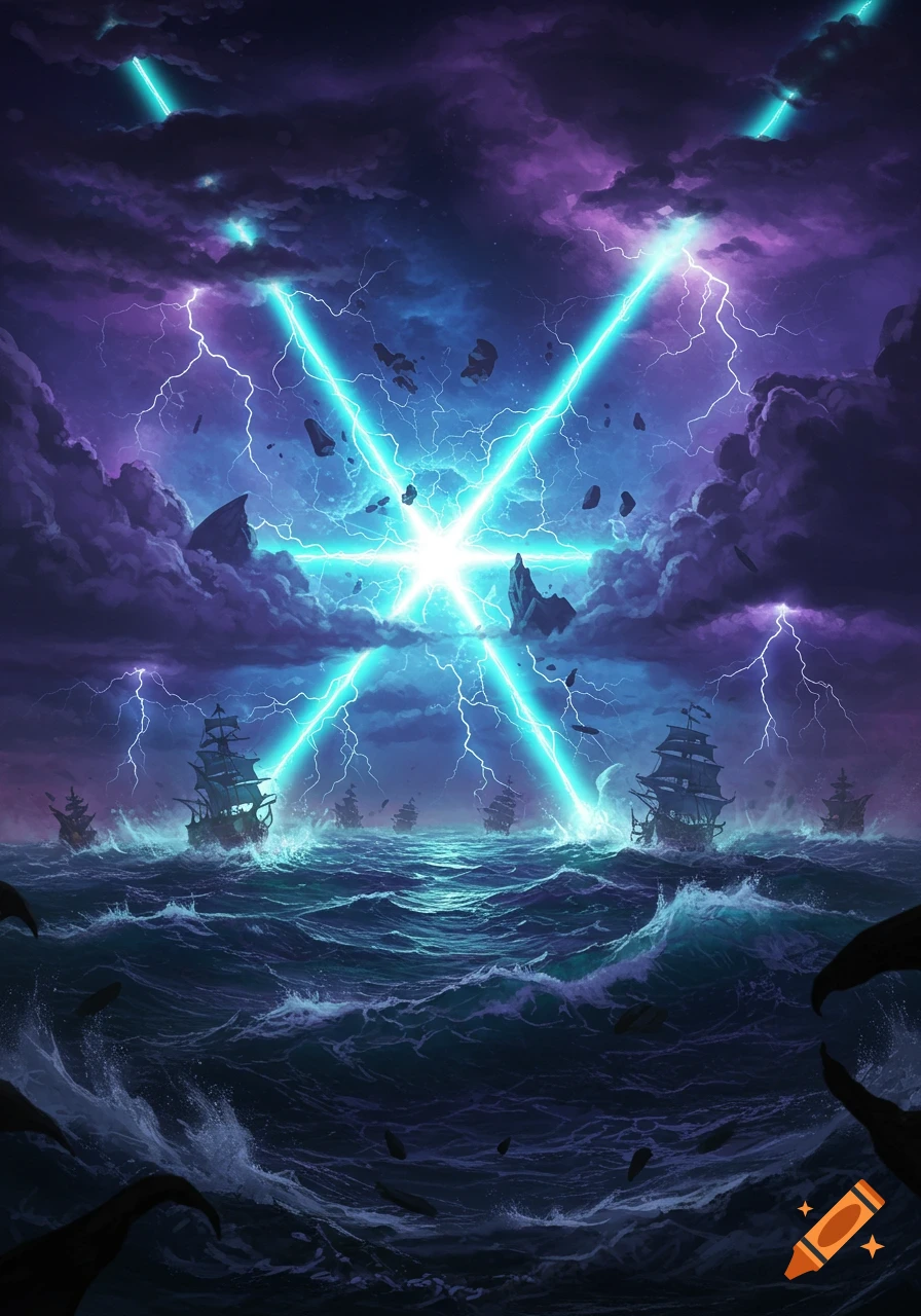 Fantasy illustration of pirate ships on a stormy sea under an X-shaped lightning storm with levitating rocks.