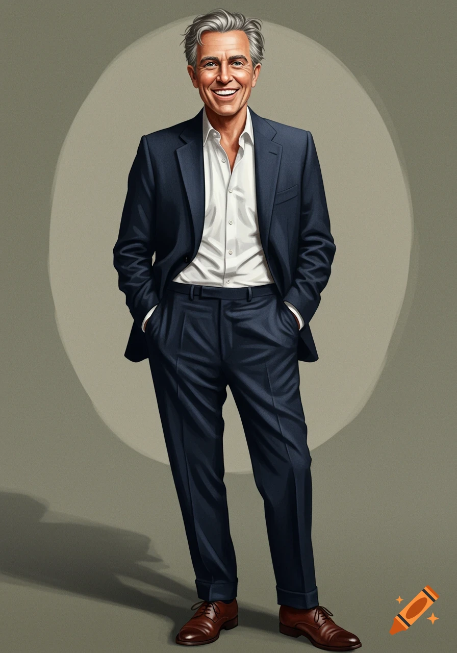 A smiling man with gray hair, dressed in a dark blue suit, stands with hands in his pockets against a gray background.