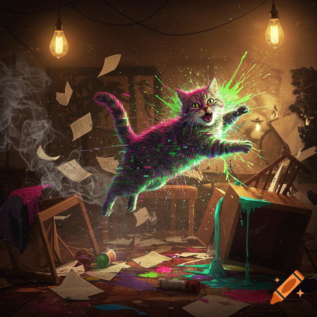 A vibrant, glitch-colored cat jumps through a chaotic room splattered with neon paint, overturned furniture, and flying papers.