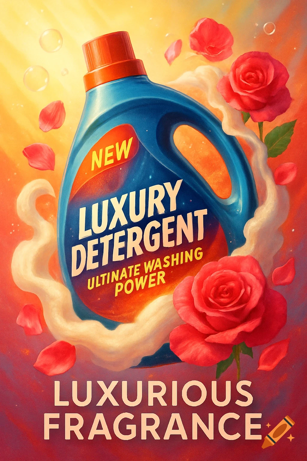 A vibrant advertisement poster shows a blue luxury detergent bottle surrounded by pink roses, petals, and bubbles. Text reads 'NEW LUXURY DETERGENT ULTIMATE WASHING POWER' and 'LUXURIOUS FRAGRANCE' on a warm background.