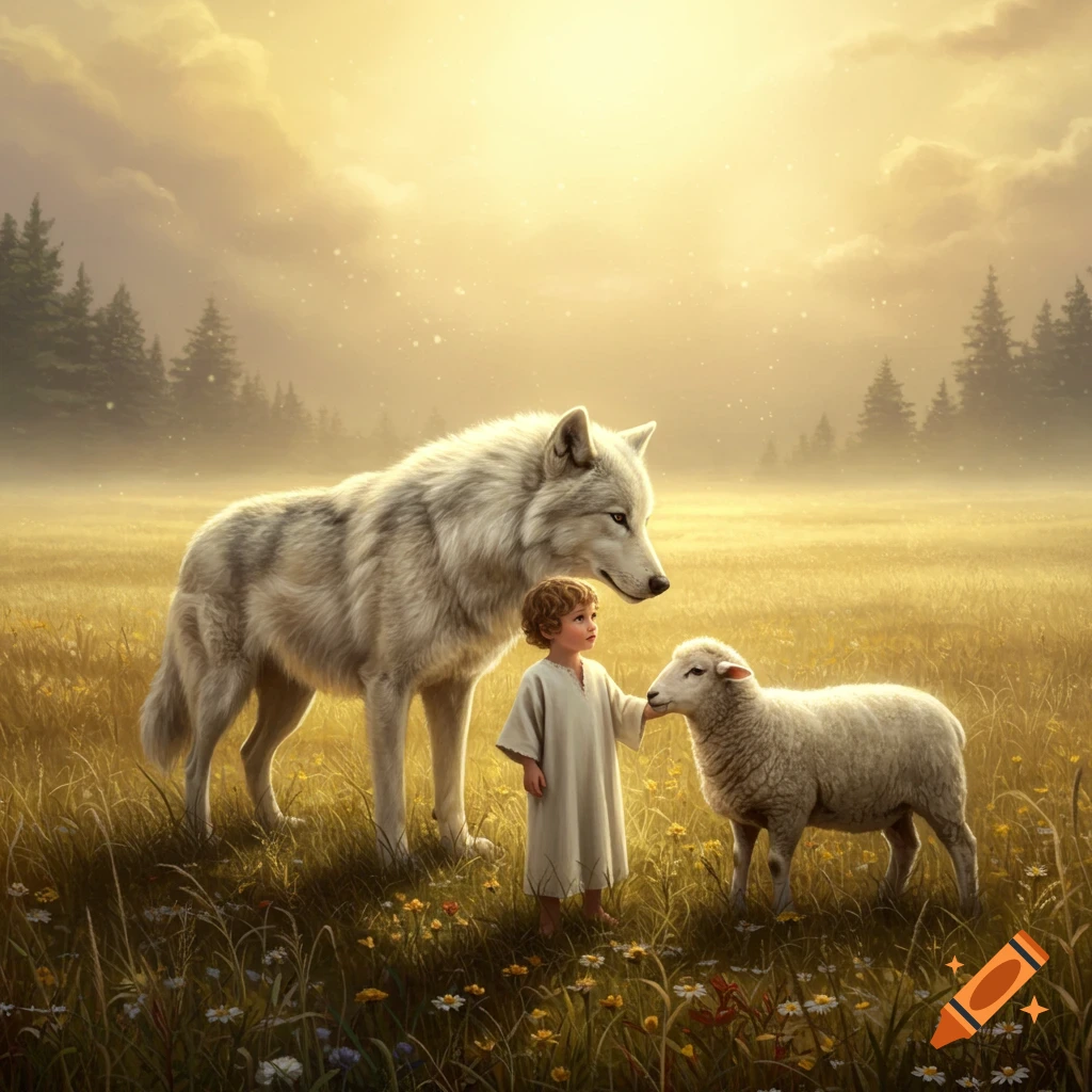 A child in a white tunic stands between a large white wolf and a lamb in a sunlit grassy field, digital painting.