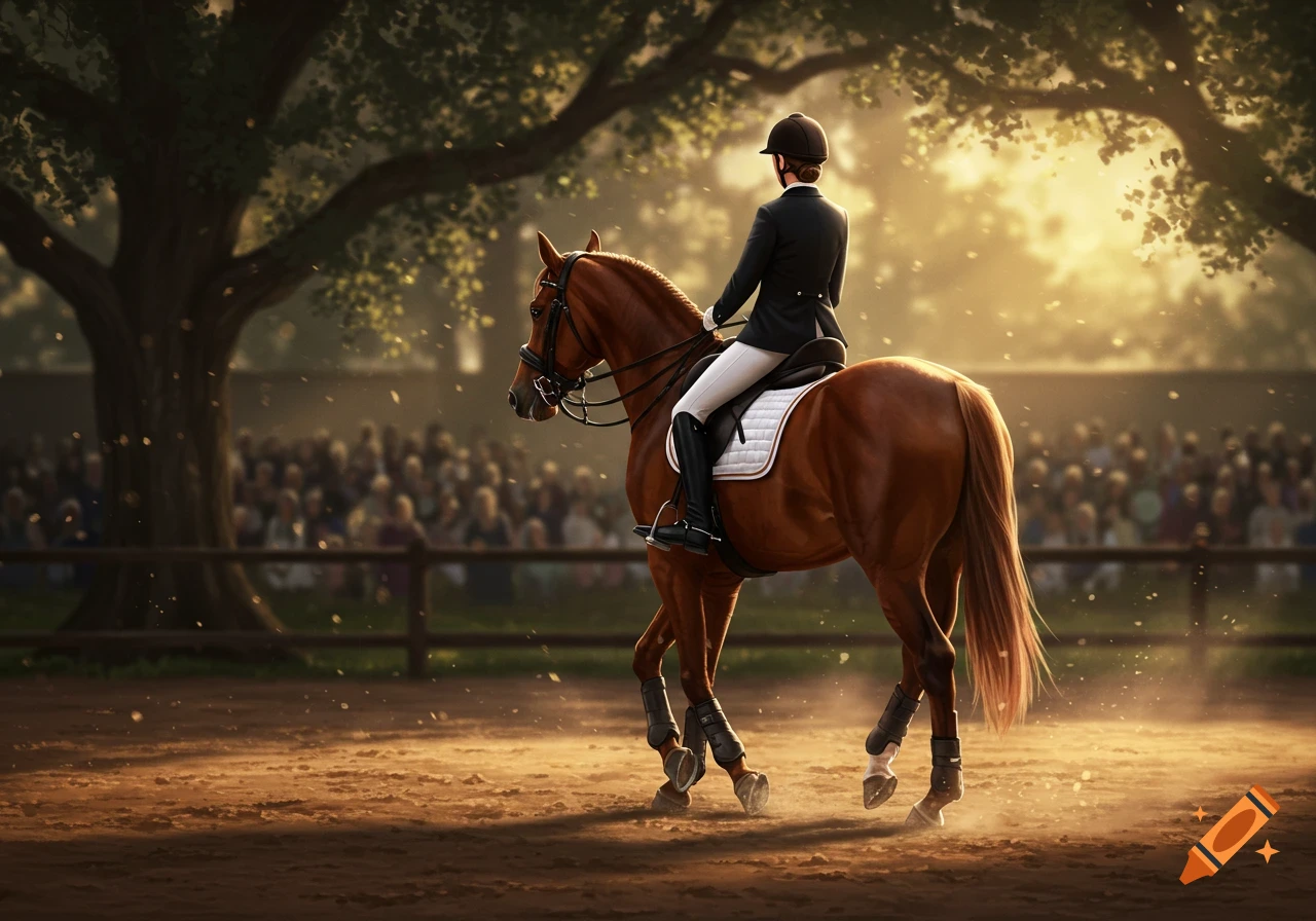 A female equestrian in formal competition attire rides a brown horse in an arena, viewed from the back, with a blurred crowd and trees in the golden sunset light.