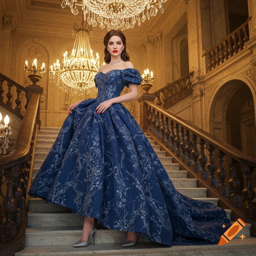 A woman in a dramatic blue ball gown with silver patterns and high heels stands on a grand marble staircase under a crystal chandelier.