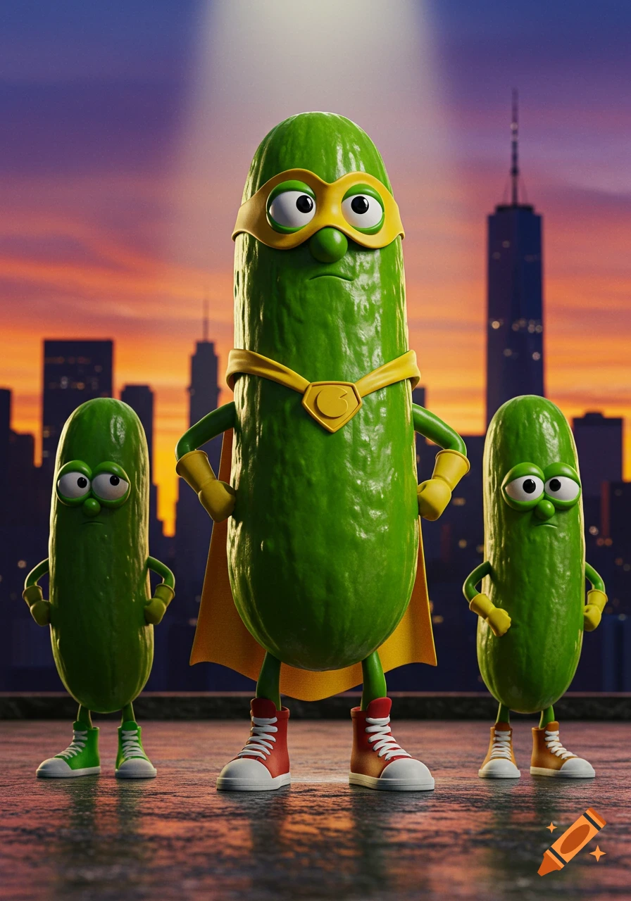 Three anthropomorphic superhero pickles stand on a rooftop against a vibrant sunset cityscape. The central pickle wears a yellow mask and cape.
