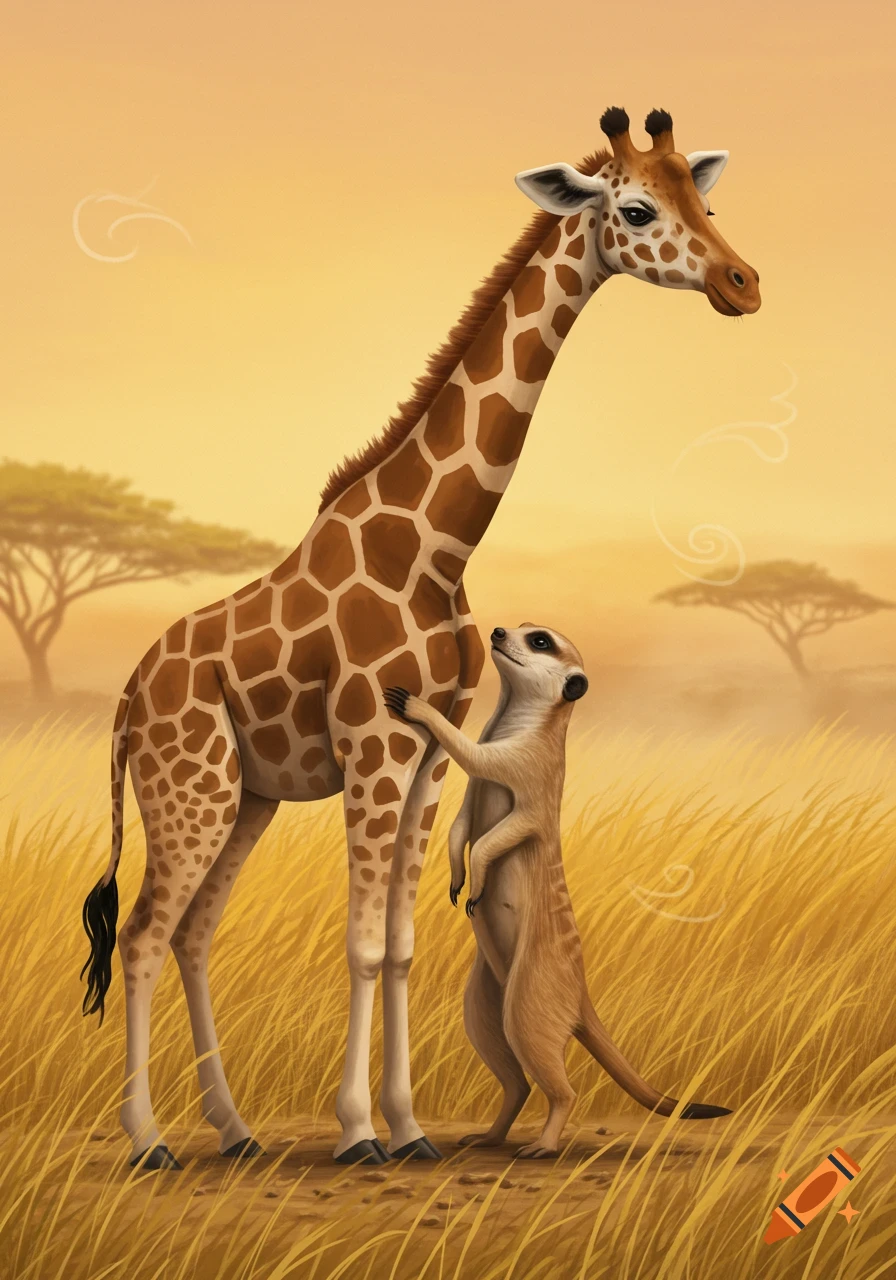 An illustration of a meerkat standing on its hind legs, embracing a tall giraffe in a golden savannah with sparse trees.