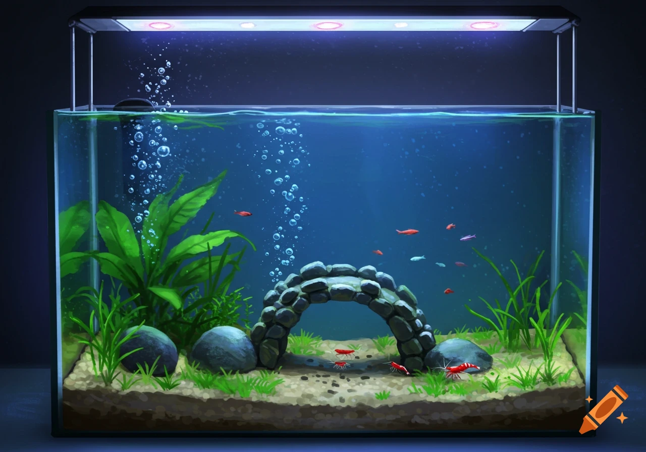 Stylized illustration of an aquarium with colorful fish, red shrimp, green plants, a stone arch, and bubbles.
