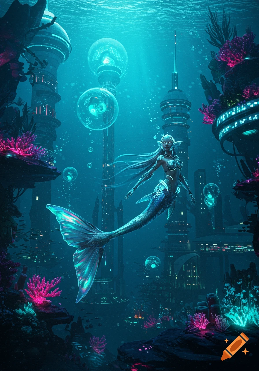 A vibrant digital art image of a mermaid swimming in an underwater sci-fi city with glowing neon coral.
