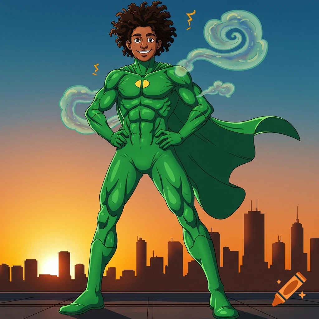 Smiling Black male superhero with curly hair in a muscular green suit and cape on a rooftop at sunset.