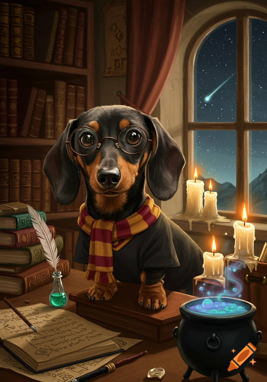 A dachshund dog wizard wearing glasses and a striped scarf sits at a desk in a magical study, surrounded by books and potions, with a starry night sky outside a window.