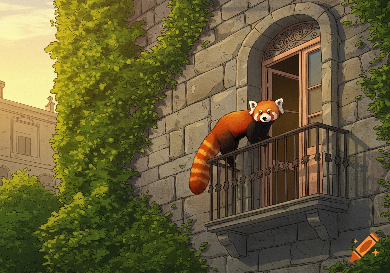 An adorable red panda climbs onto a stone balcony covered in green ivy, looking out from a window in an old building.