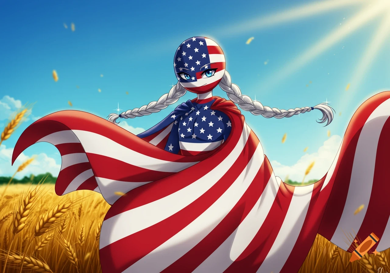Anime character personifying the American flag with braids, standing in a golden wheat field under a bright blue sky.