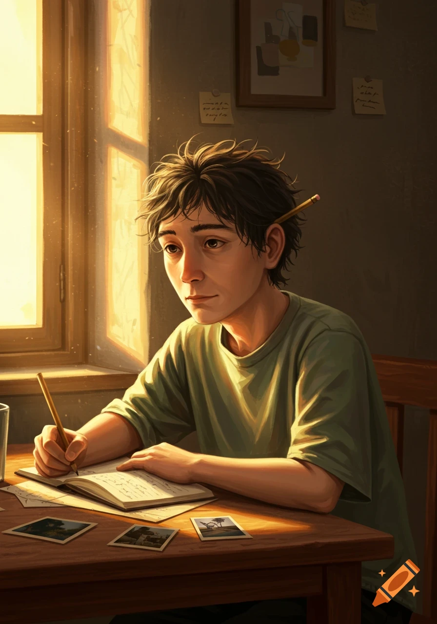 A young person with messy dark hair sits at a wooden desk, writing in a notebook, a pencil tucked behind their ear. Golden light streams in from a window.