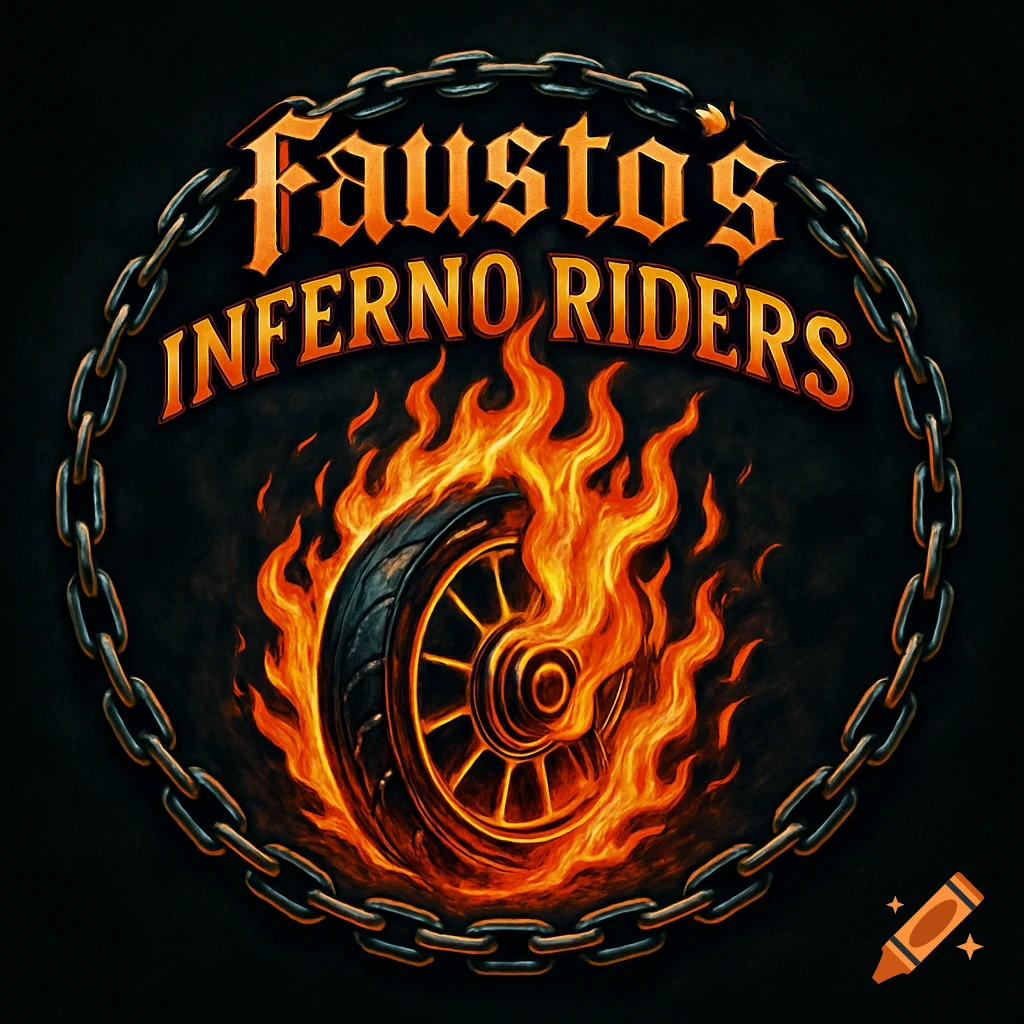 Dark illustrative logo featuring a burning motorcycle wheel encircled by a chain, with 'Fausto's Inferno Riders' text.