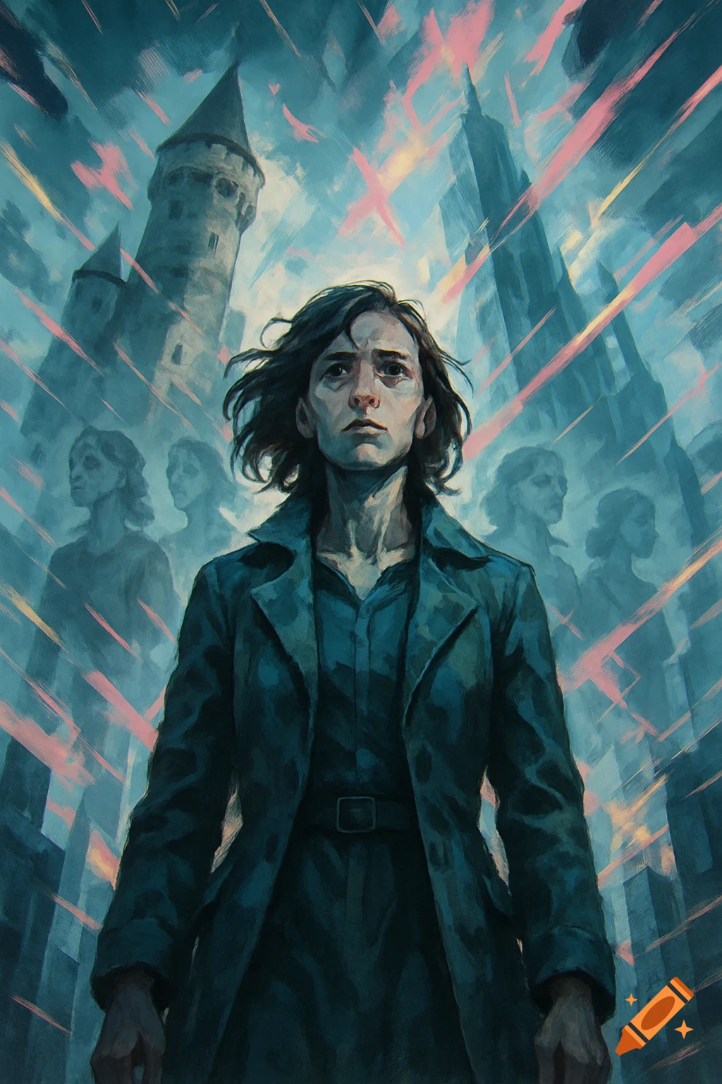 A determined woman in a trench coat stands before a distorted cityscape with ghostly figures, in a digital painting.