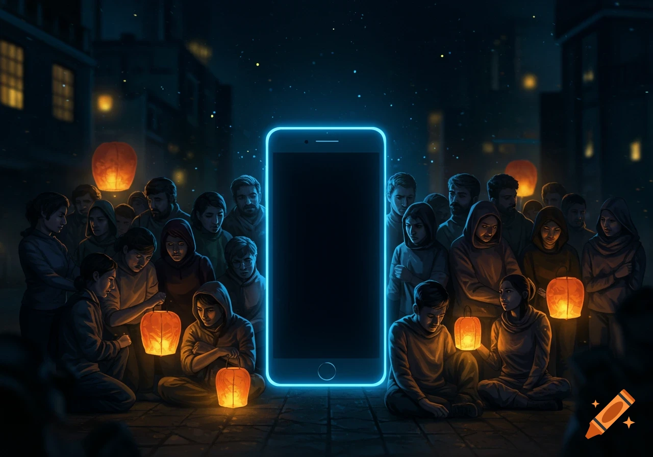 A crowd of people gathered in a dark street at night, holding glowing orange lanterns around a large, luminous blue smartphone.