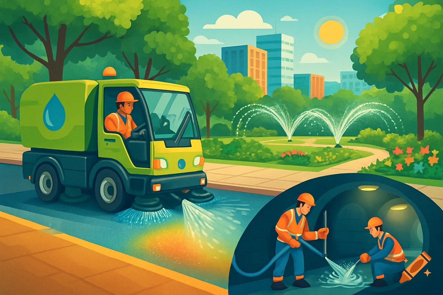 A vibrant cartoon depicts a street cleaning truck, workers hosing a tunnel, and fountains in a city park.