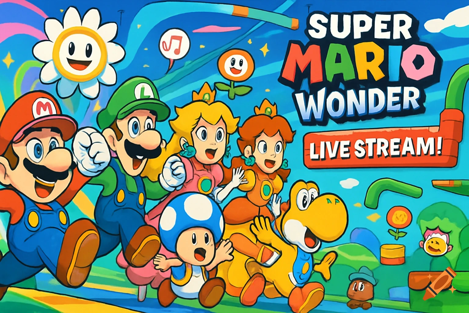 Vibrant Super Mario Wonder live stream illustration with Mario, Luigi, Peach, Daisy, Toad, Yoshi, and Wonder Flowers.